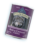Blue Buffalo dog wet food under a festive banner.