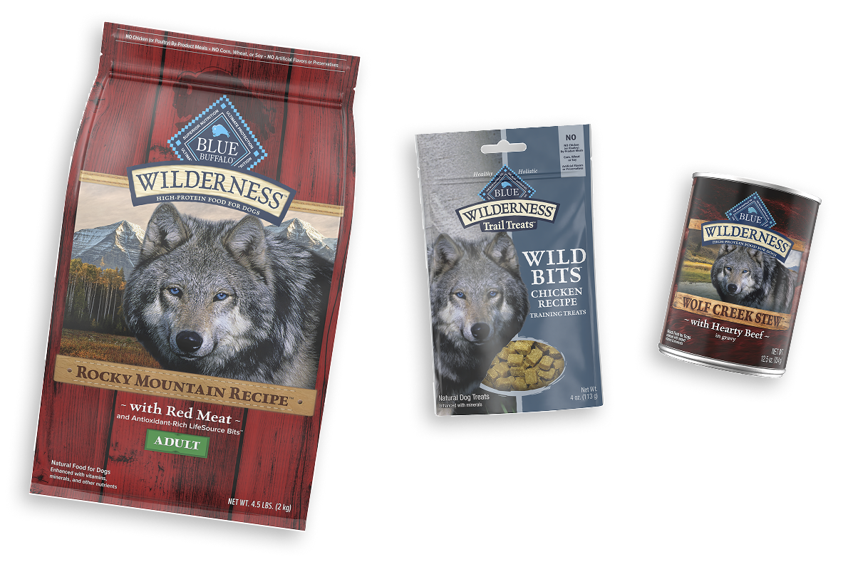 A package of BLUE Wilderness dry food, BLUE Wilderness Trail Toppers, and wet food are pictured.