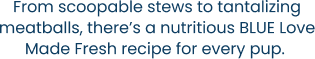 From scoopable stews to tantalizing meatballs, there’s a nutritious BLUE Love Made Fresh recipe for every pup.