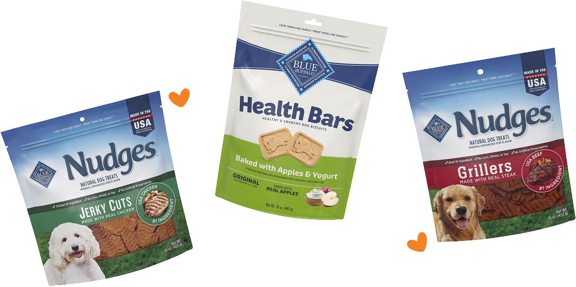 An arrangement of Blue Buffalo dog treat packages.