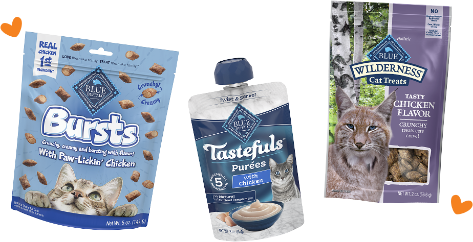 An arrangement of Blue Buffalo cat treat packages.