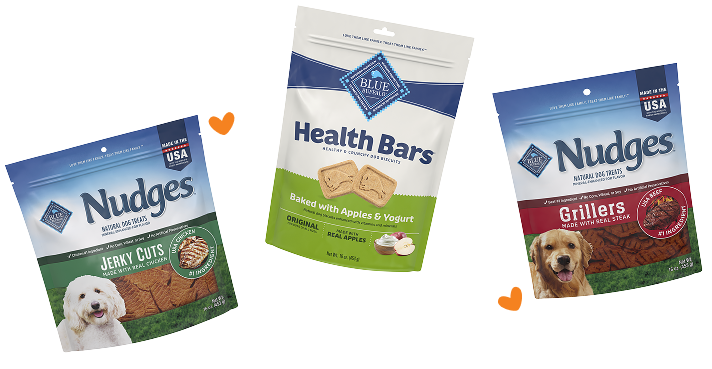An arrangement of Blue Buffalo dog treat packages.