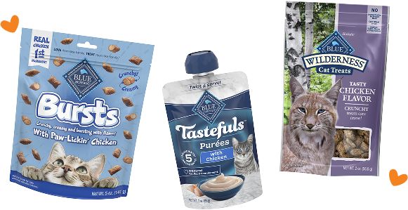 An arrangement of Blue Buffalo cat treat packages.