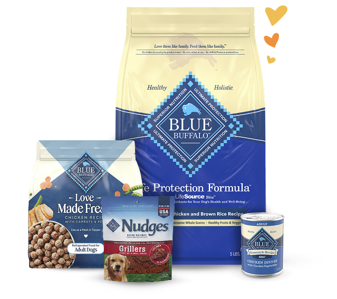 A portfolio of Blue Buffalo dog products on display.