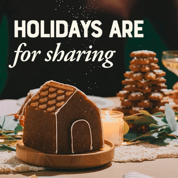 Holidays are for sharing. Gif of Gingerbread cakelet with powdered sugar snowing down