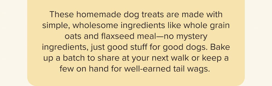 These homemade dog treats are made with simple, wholesome ingredients like whole grain oats and flaxseed meal—no mystery ingredients, just good stuff for good dogs. Bake up a batch to share at your next walk or keep a few on hand for well-earned tail wags.