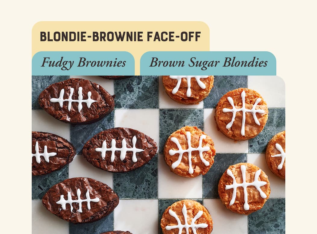 Blondie-Brownie Face-Off. Fudgy Brownies decorated with icing to look like footballs and Brown Sugar Blondies decorated with icing to look like baseballs.