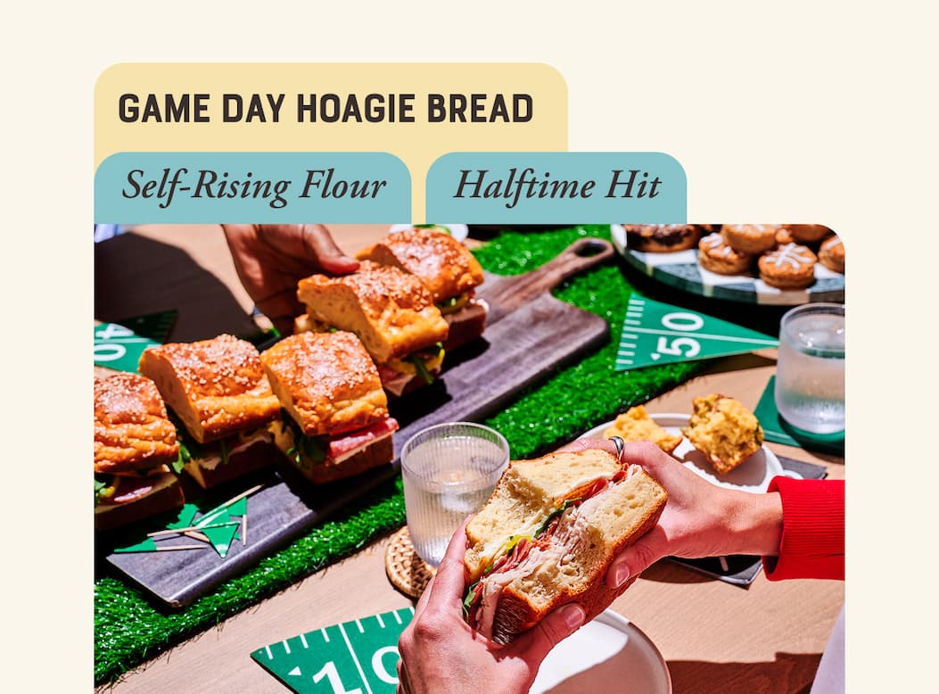 Game Day Hoagie Bread. Image of sandwich made on homemade hoagie bread with football decorations