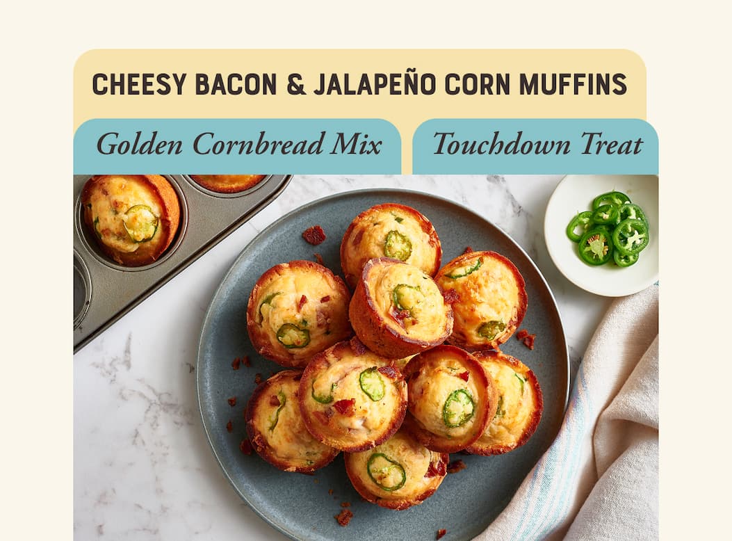 Cheesy Bacon & Jalapeno Corn Muffins arranged on a blue plate
