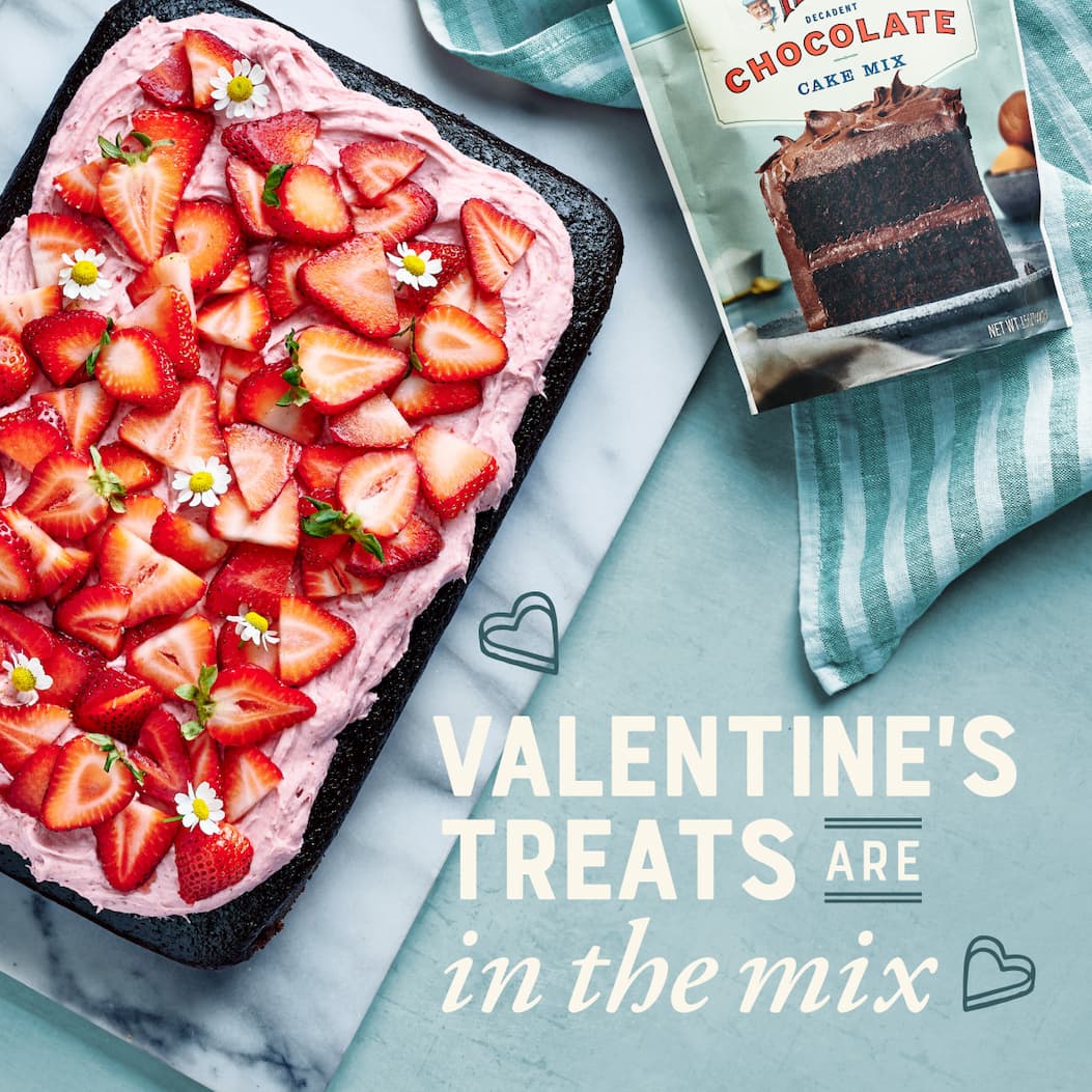 Valentine's Treats are in the mix. Image of chocolate strawberry cake made with Bob's Red Mill Chocolate Cake Mix