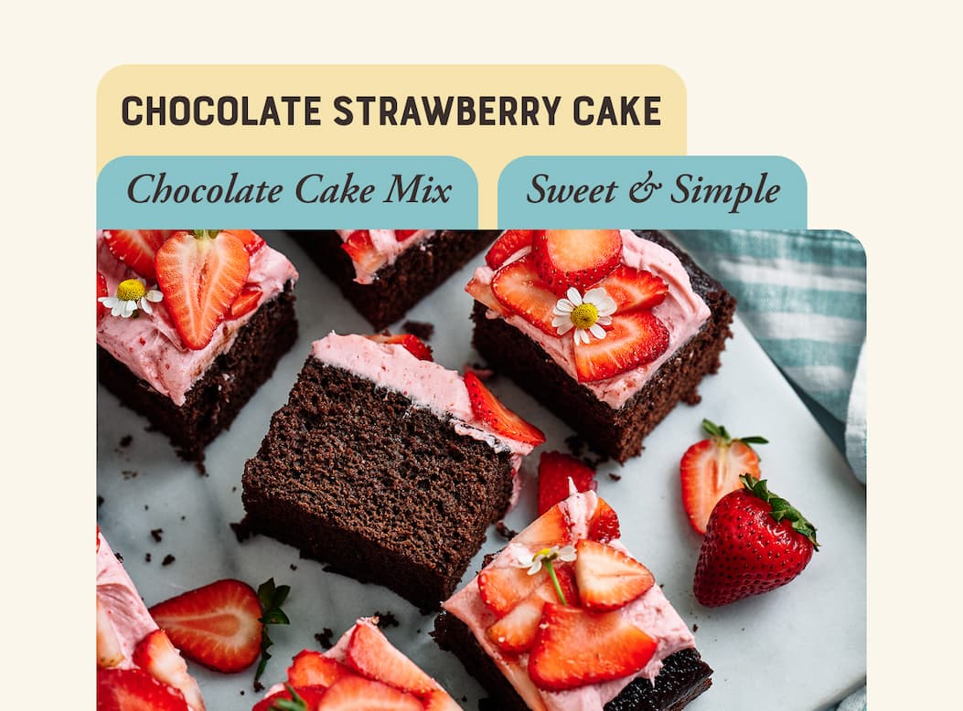 Chocolate Strawberry Cake. Image of cake slices decorated with pink icing and strawberry slices.