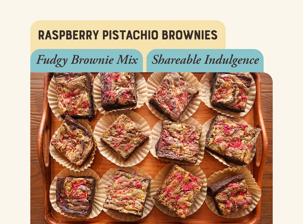 Raspberry Pistachio Brownies made with our Fudgy Brownie Mix