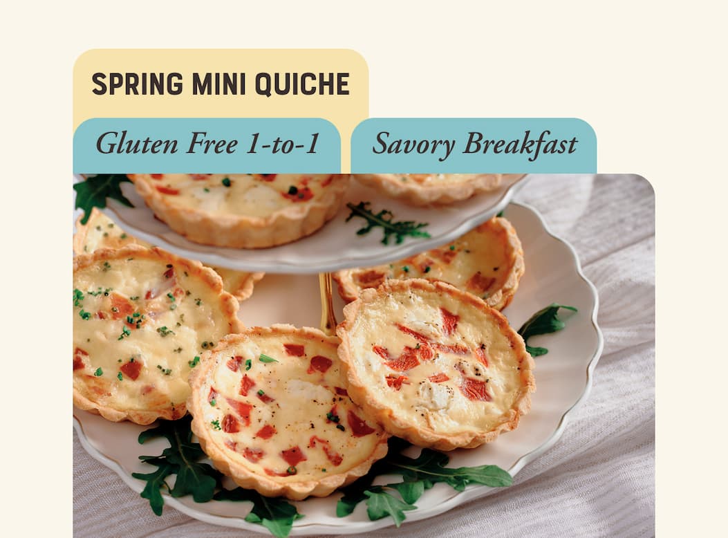 Spring Mini Quiche. Image of three mini quiches filled with eggs and vegetable mixture.