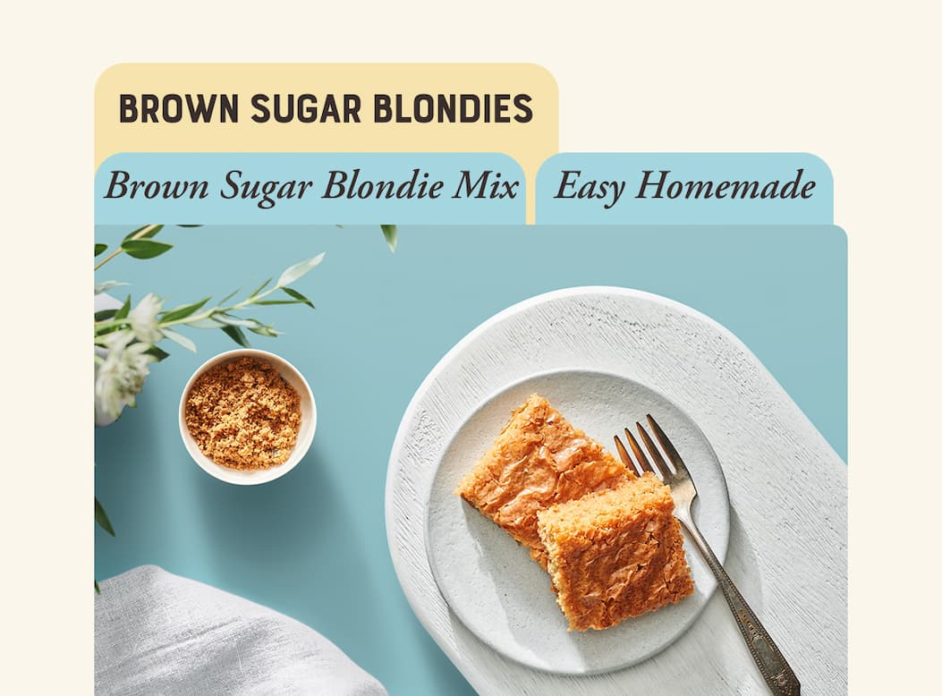 Brown Sugar Blondie Mix. Image of blondie squares cut on a plate.
