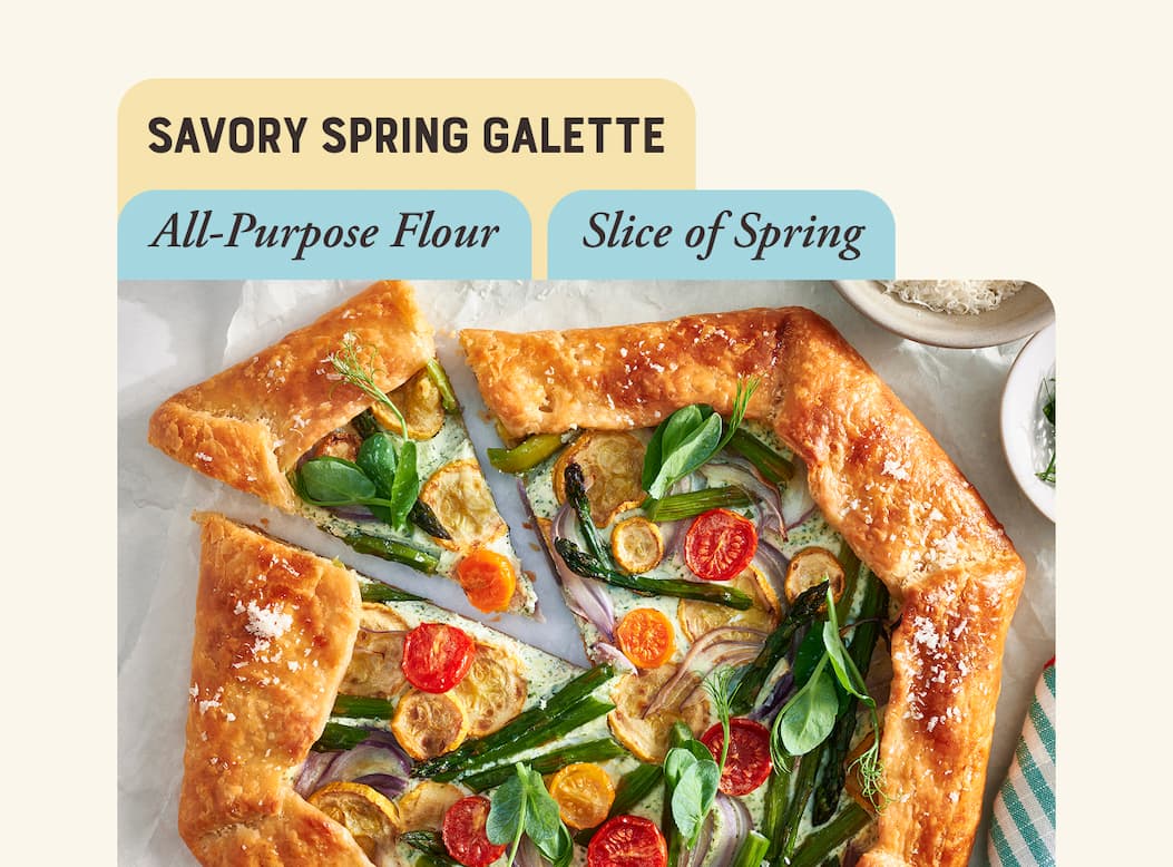 Savory Spring Galette. Image of flaky, butter galette pastry filled with fresh spring vegetables.