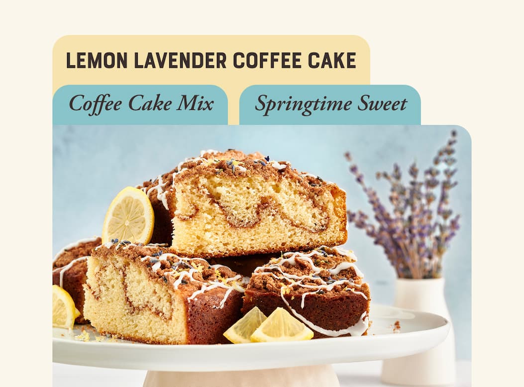 Lemon Lavender Coffee Cake. image of Lemon Lavender Coffee Cake slices on a plate with lemon wedges