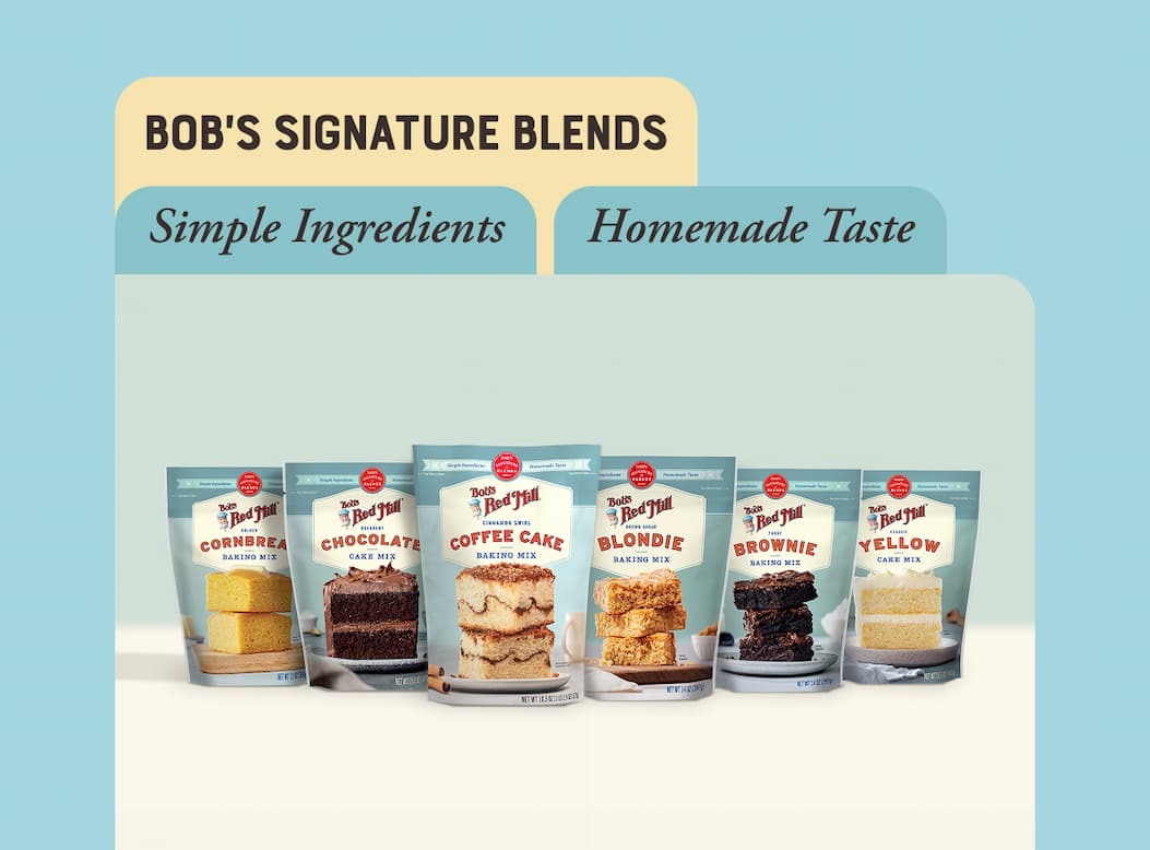 Bob's Signature Blends. Image of Baking Blends packages lined up.