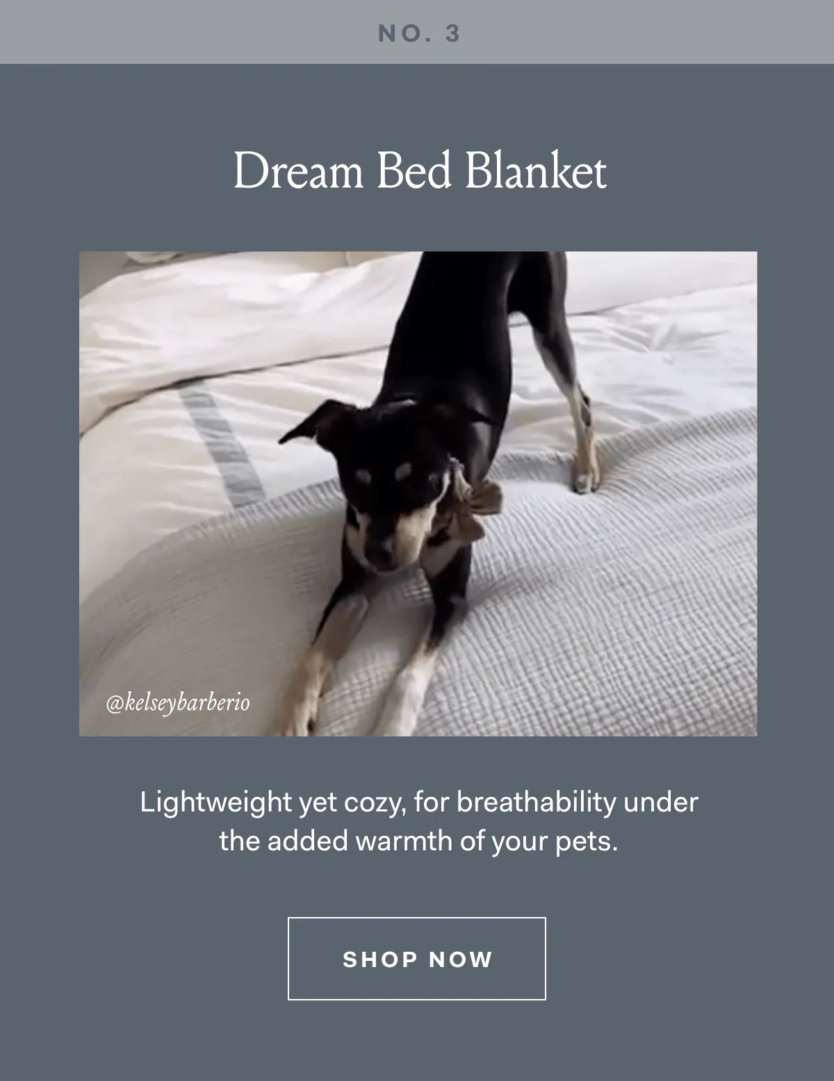 NO. 3 Dream Bed Blanket @kelseybarberio Lightweight yet cozy, for breathability under the added warmth of your pets. SHOP NOW