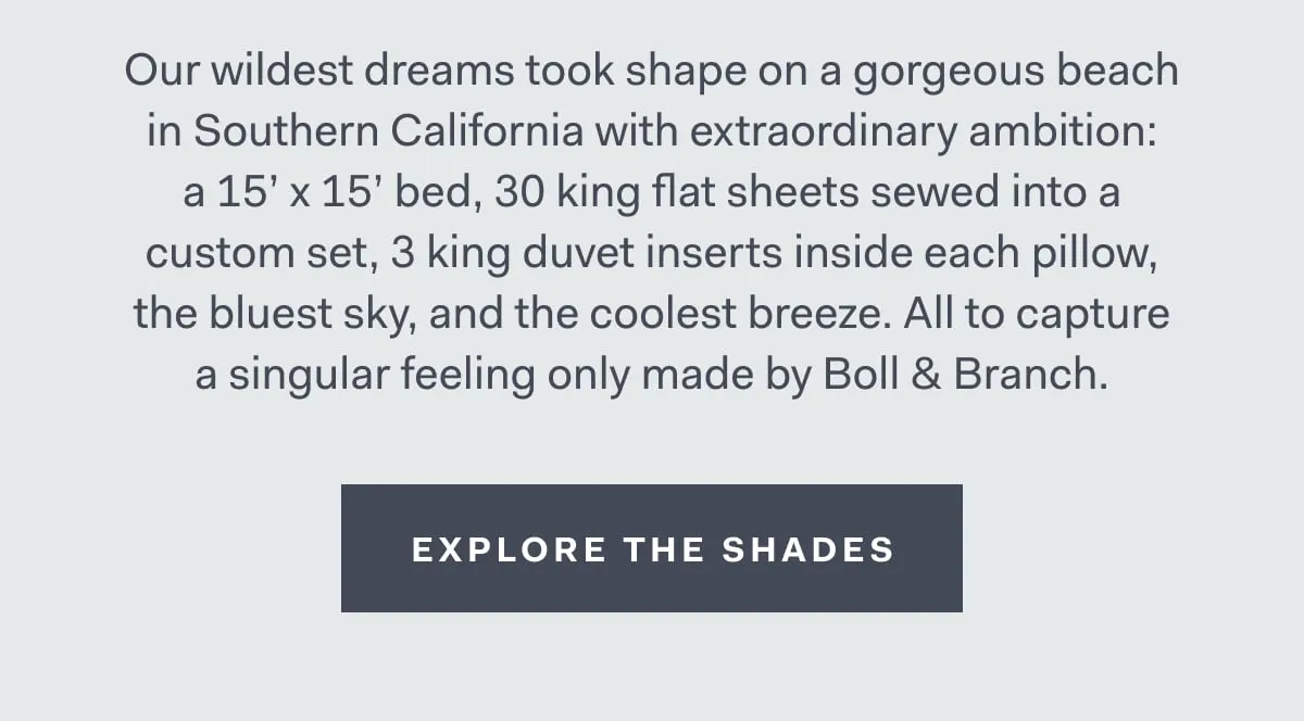 Our wildest dreams took shape on a gorgeous beach in Southern California with extraordinary ambition: a 15' x 15' bed, 30 king flat sheets sewed into a custom set, 3 king duvet inserts inside each pillow, the bluest sky, and the coolest breeze. All to capture a singular feeling only made by Boll & Branch. EXPLORE THE SHADES