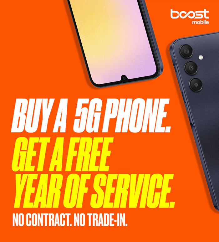 Digital advertisement with an orange background featuring the text "BUY A 5G PHONE. GET A FREE YEAR OF SERVICE. NO CONTRACT. NO TRADE-IN." and images of two phones, one appearing to be a Samsung Galaxy A25 5G. The ad also includes the Boost Mobile logo.