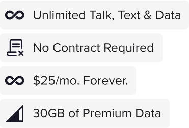 Gray background image with white text and icons listing features of a phone plan: Unlimited Talk, Text & Data, No Contract Required, $25/mo. Forever, and 30GB of Premium Data.