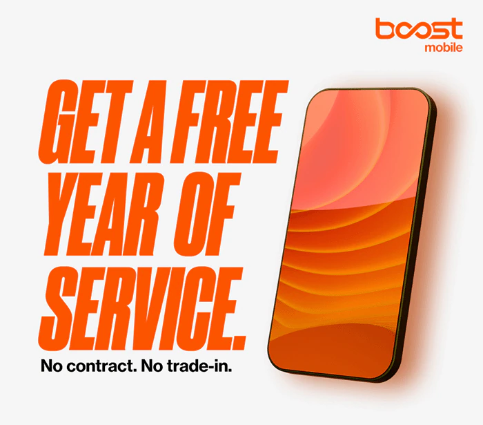 Digital advertisement with a white background featuring the text "GET A FREE YEAR OF SERVICE. No contract. No trade-in." and an image of a phone with an orange and yellow screen. The ad also includes the Boost Mobile logo.