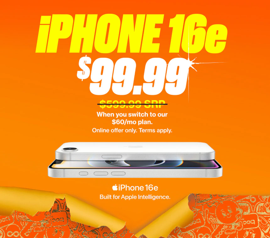 Advertisement for iPhone 16e available for $99.99 when switching to a $60/month plan, showing a white iPhone 16e on an orange background.