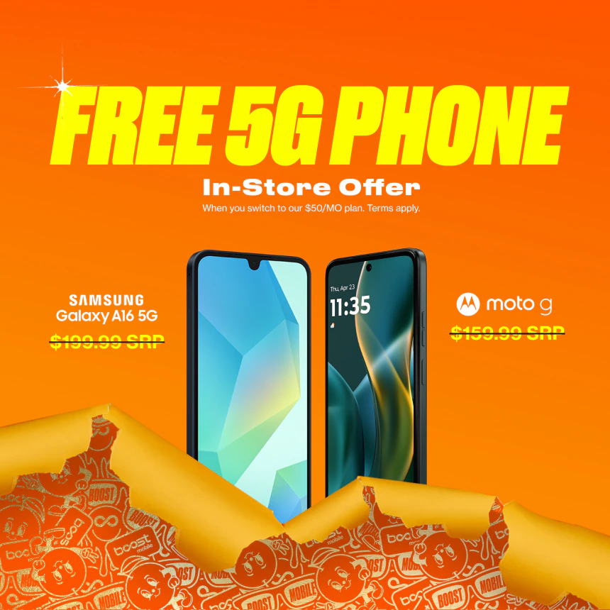 Boost Mobile ad with 'Holiday Deals Still On', offering unlimited wireless for $10/month for 3 months, then $25/month forever, featuring a smartphone.