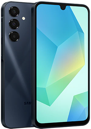 A dark blue smartphone shown at an angle, displaying its triple camera system and a vibrant abstract wallpaper on the screen.
