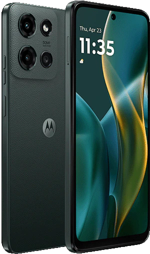 A dark green Motorola smartphone shown at an angle, displaying its textured back with a triple camera and the front screen with time and date.