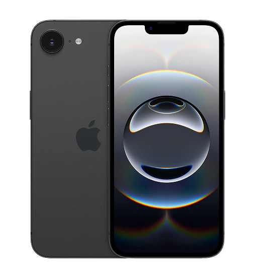 Two dark grey iPhones displayed, one showing its back with a single camera and the Apple logo, the other its screen with an abstract orb wallpaper.