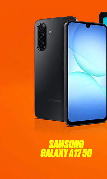 Samsung Galaxy A17 5G phone displayed on an orange background