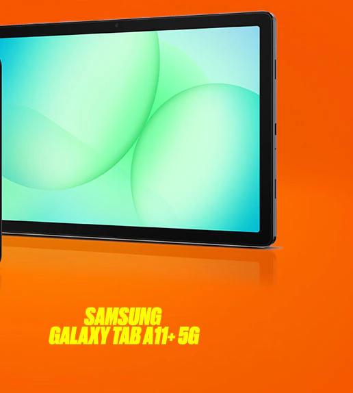 Galaxy Tab A11+ 5G tablet displayed on an orange background