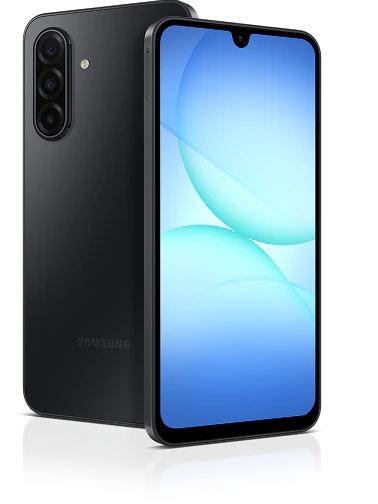 Samsung Galaxy A17 5G modern dark smartphone, branded Samsung, showcasing its front display with a blue bubble wallpaper and its multi-camera system on the back.