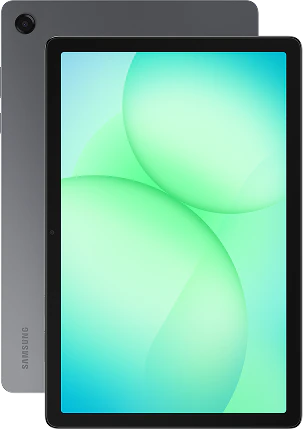 Samsung Galaxy Tab A11+ 5G - A sleek, dark gray tablet displaying a vibrant screen with abstract green and blue circular patterns.