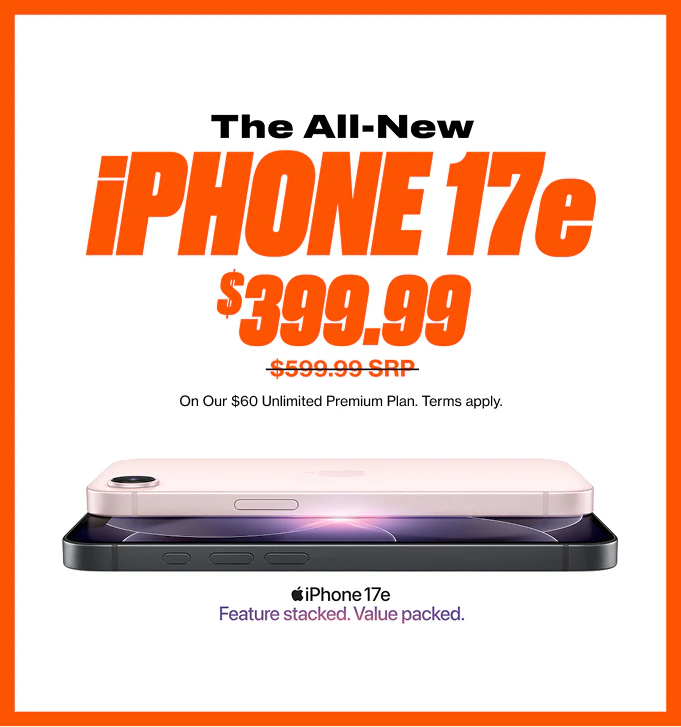 Promotional graphic for the iPhone 17e, highlighting a discounted price of $399.99, 'Feature stacked. Value packed.'