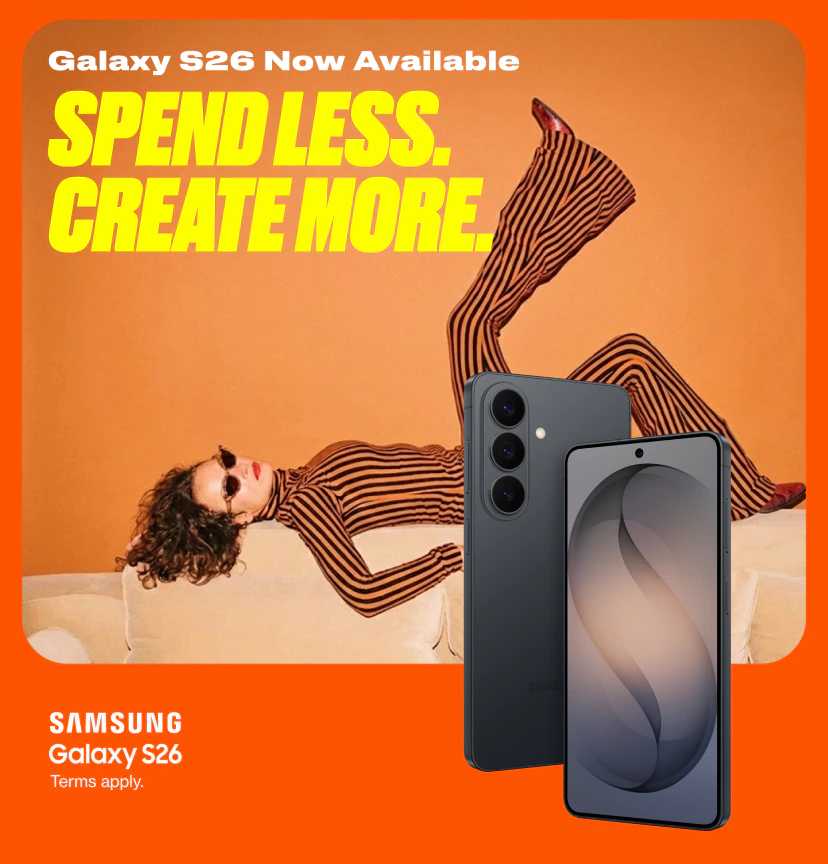 Samsung Galaxy S26 ad showing a stylish person lounging with two S26 phones, promoting the new phone and a $60 unlimited plan.