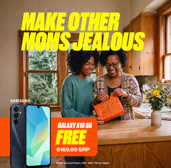 Two smiling women, one opening an orange gift, with a Samsung Galaxy A16 5G phone and a promotion for a free phone on screen.