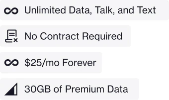 Gray background image with white text and icons listing features of a phone plan: Unlimited Talk, Text & Data, No Contract Required, $25/mo. Forever, Buy Now, Pay Later Available, and 30GB of Premium Data.