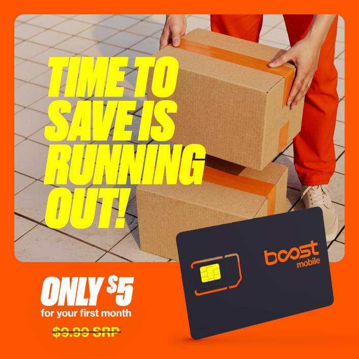 Hero image AmazonLastchance a person holding boxes alongside a SIM card, promoting a limited-time offer of only $5 for the first month instead of the regular $9.99 price.