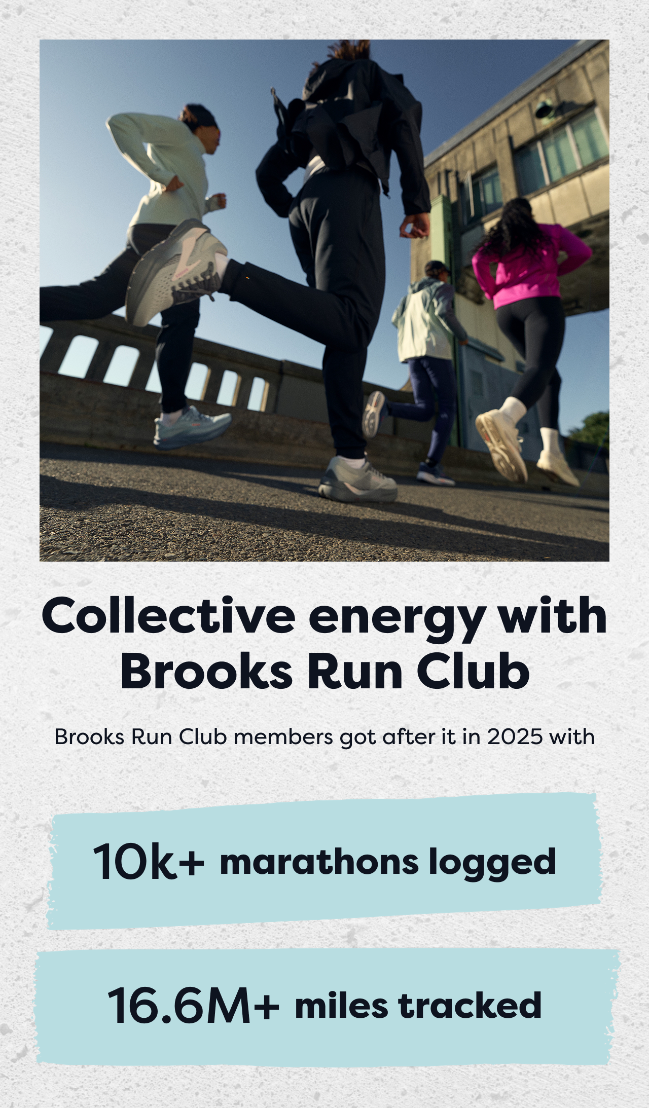 Collective energy with Brooks Run Club | Brooks Run Club members got after it in 2025 with 10k+ marathons logged | 16.6M+ miles tracked