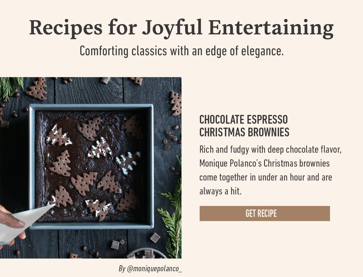 Chocolate espresso Christmas brownies next to a get recipe button with evergreen sprigs and hand cutting brownies