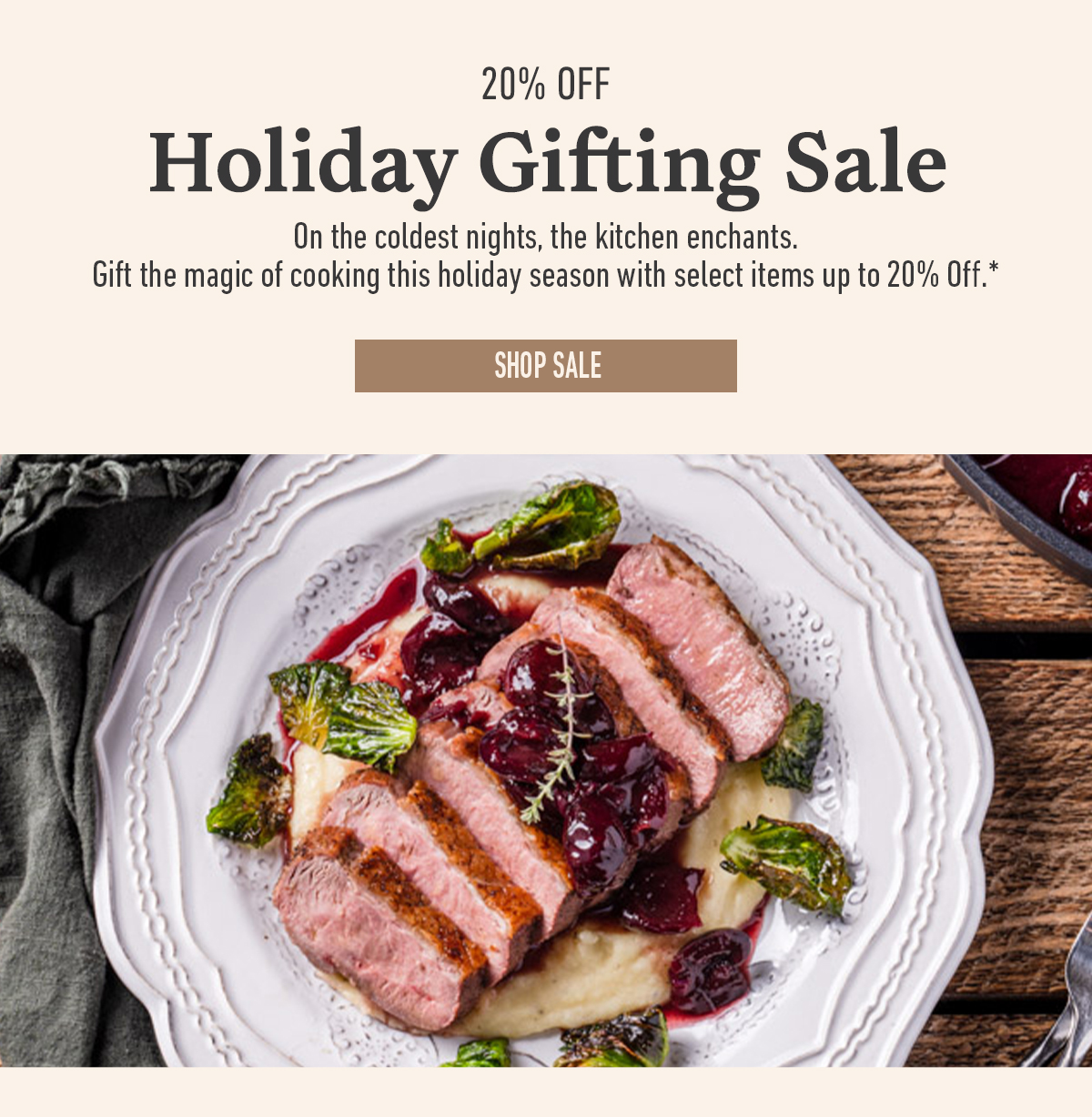 20 percent off holiday gifting sale text above plate of sliced steak with sauce and greens and a shop sale button