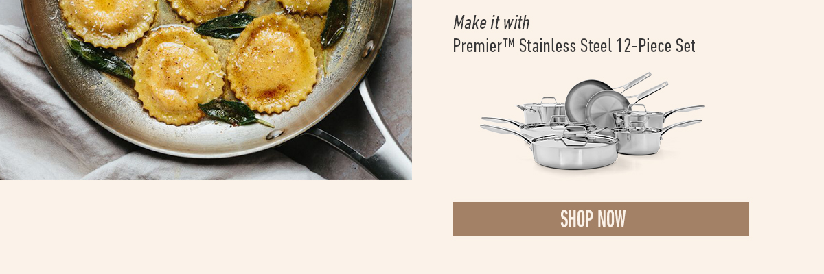 Premier Stainless Steel 12-Piece Set text, cookware set image, metal pan with ravioli, and a Shop Now button