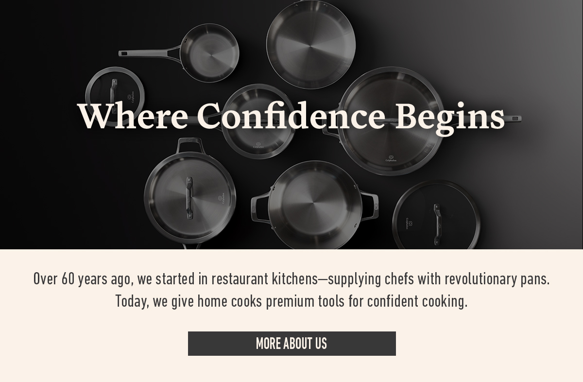 Text reads where confidence begins above various pans. Below is text about quality cookware and a more about us button.