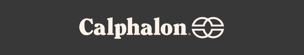 Calphalon logo in beige text on a dark background with overlapping ring graphic.