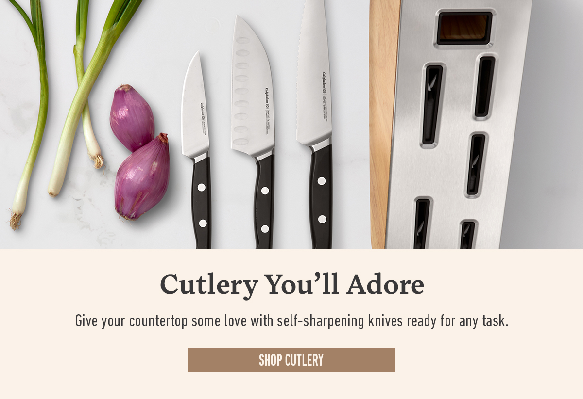 Text reads cutlery you'll adore with a description and a shop cutlery button below knife set, shallots, and green onions.