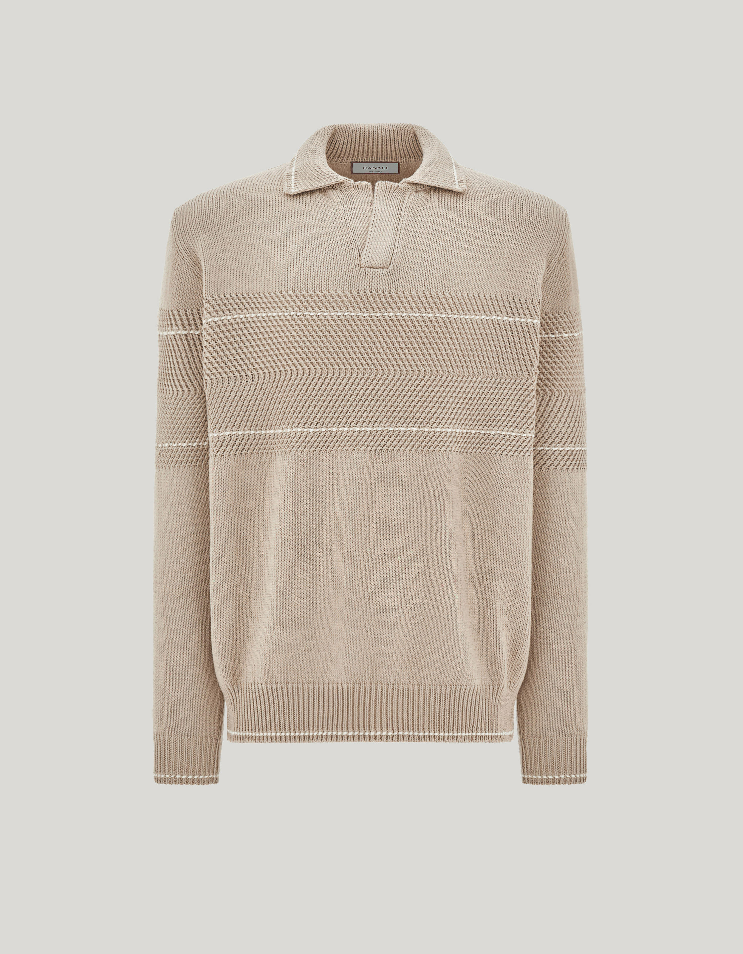 Beige long-sleeved cotton polo shirt