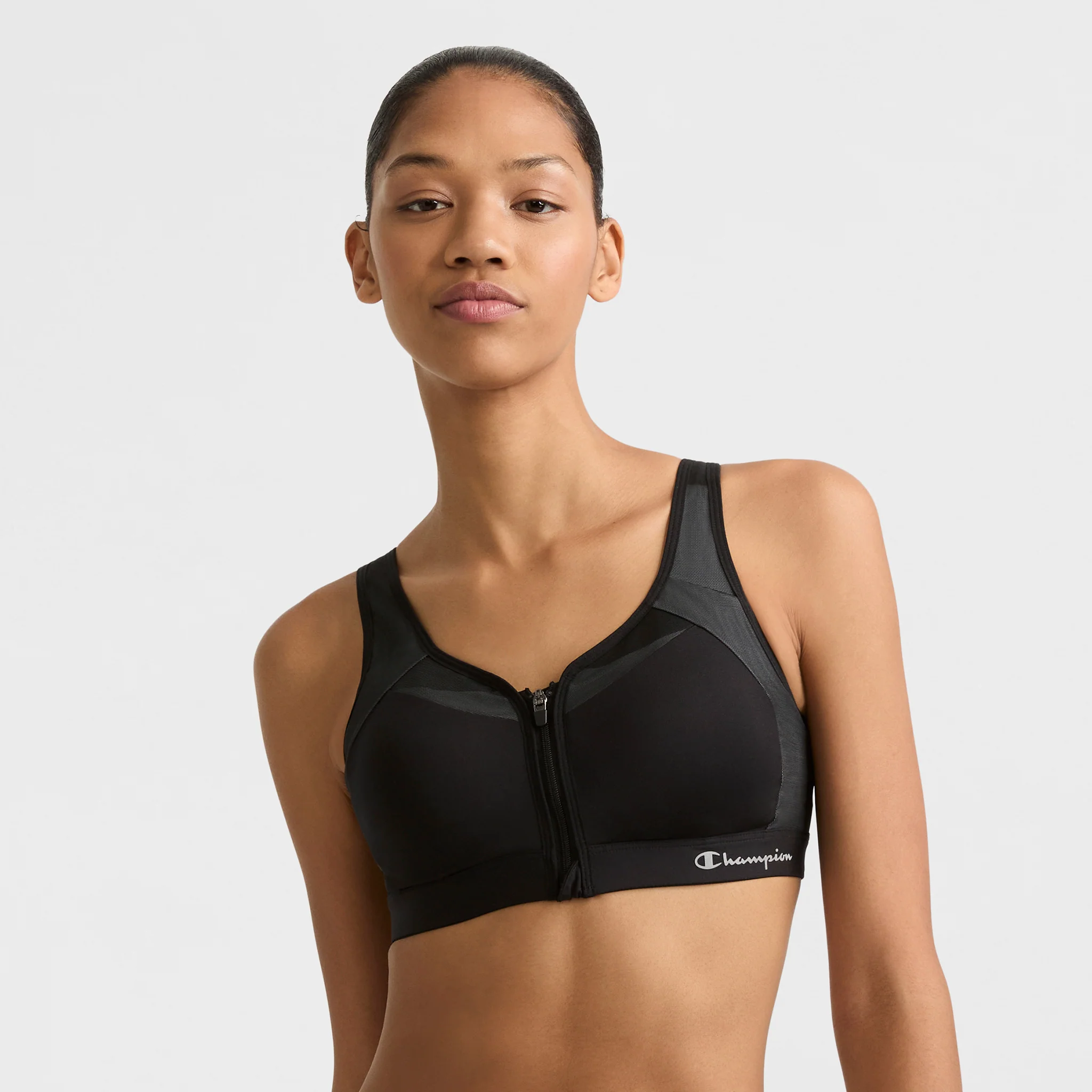 Image of Motion Control Zip Sports Bra, Wirefree, Script Logo