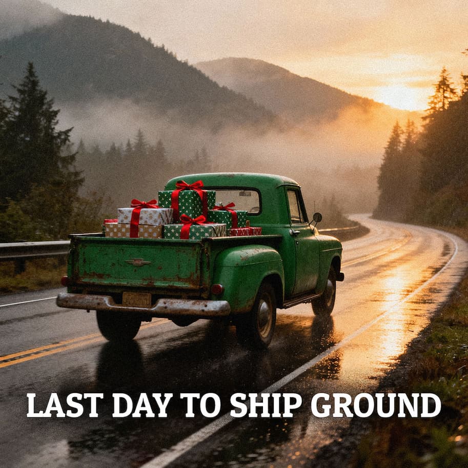 An old green pickup truck filled with presents